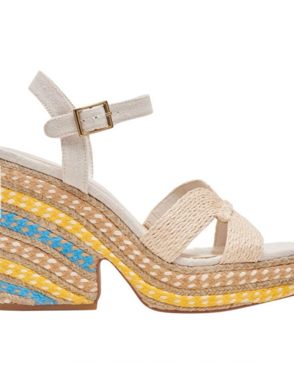 Dolce Vita wedges. Beige Woven Platform Sandal with Yellow & Blue Accents